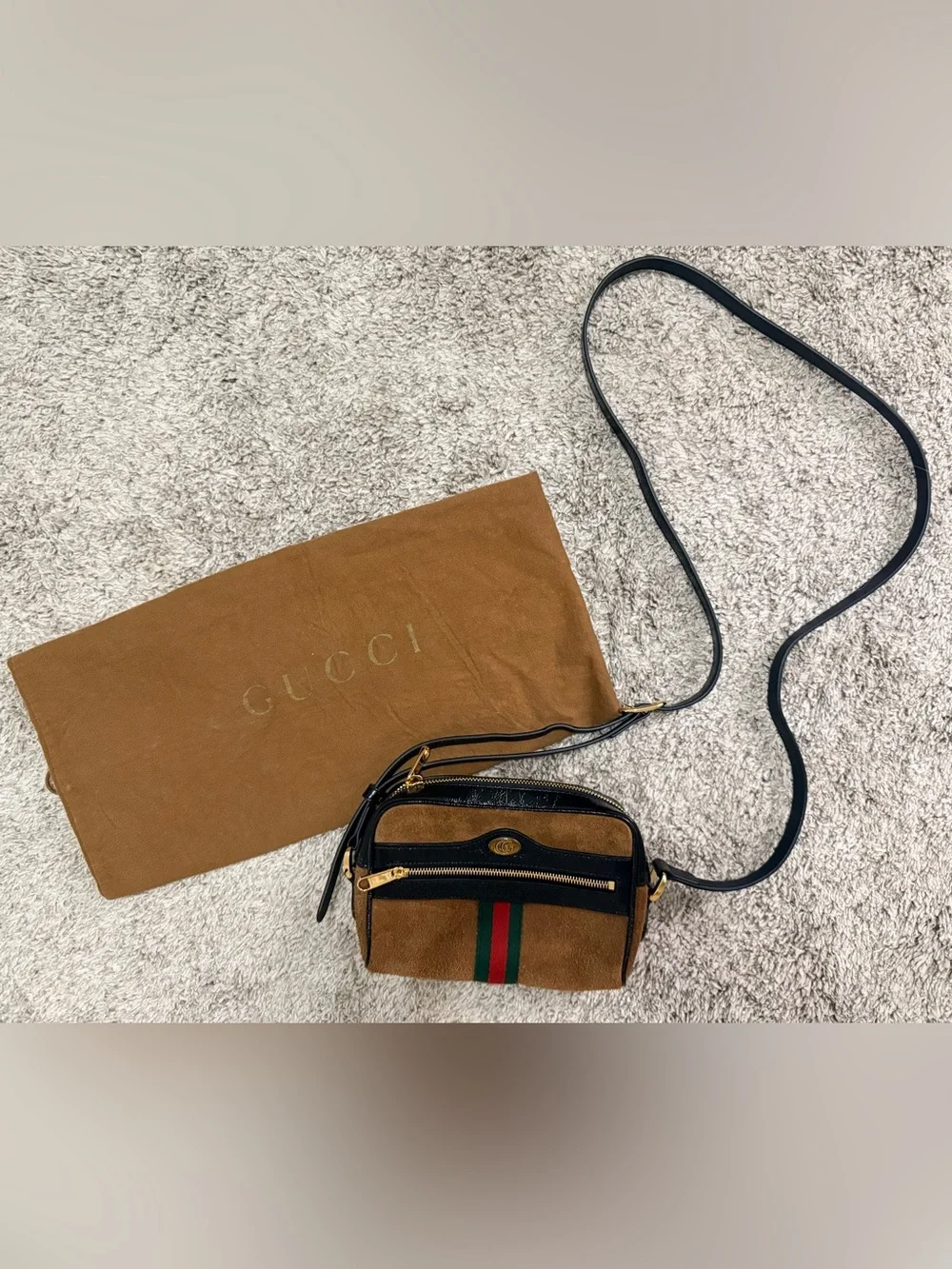 Gucci Ophidia Small Brown Suede Crossbody Camera Bag w/ Green-Red Stripe